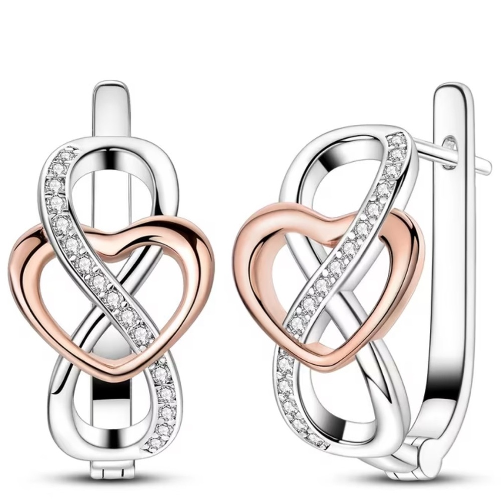 Eternal Infinite Love, Heart, Infinity Silver and Rose Gold Tone Earrings - NEW